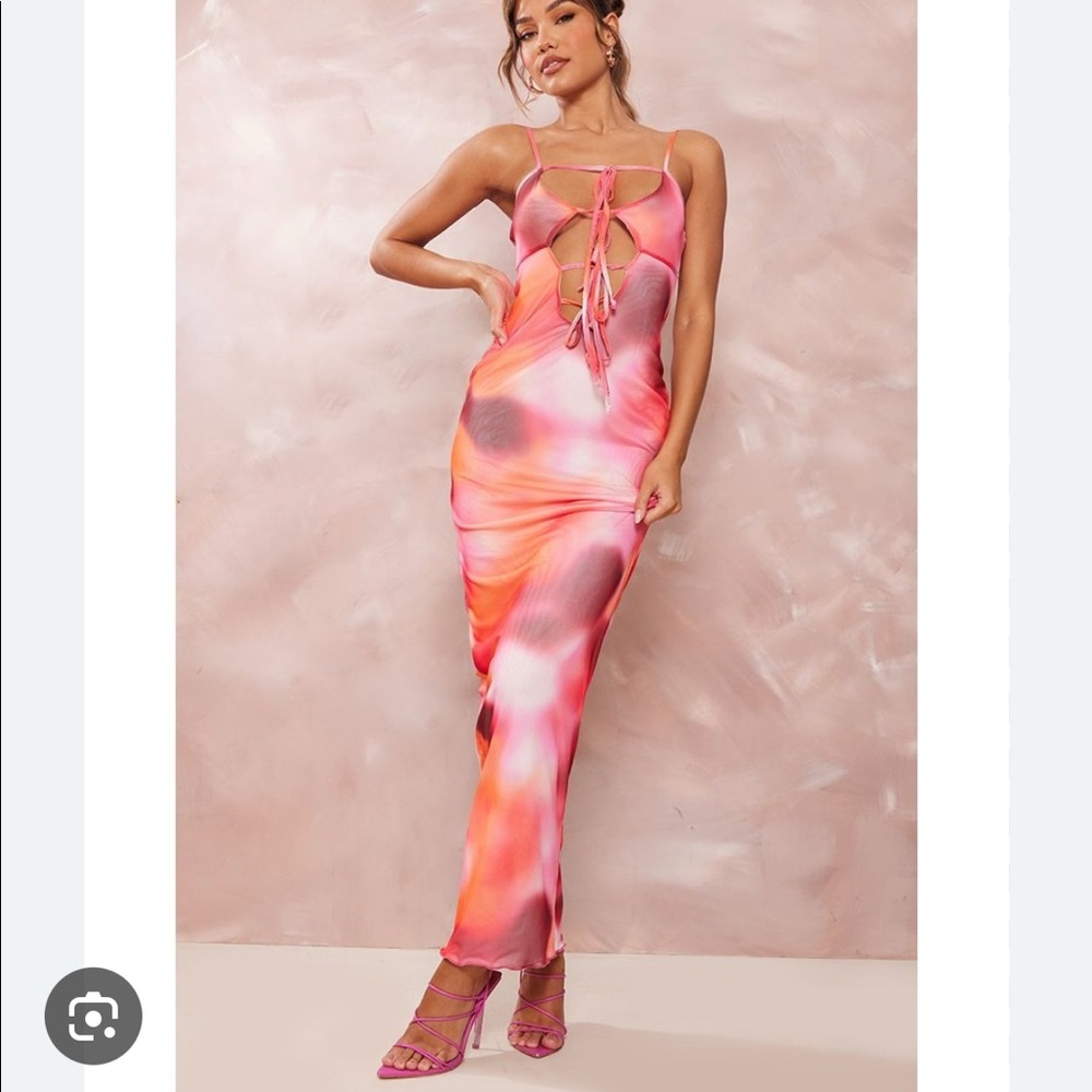 PrettyLittleThing Pink Dolphin Print Tie Detail Mesh Maxi Dress NWT Size 6